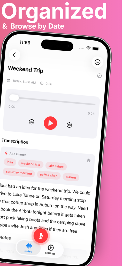 Recollect - AI Voice Notes - AI voice note transcription interface with summary tags and audio player in the Recollect app