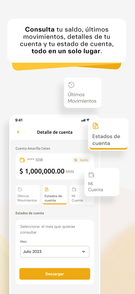 BASEinet - Aplicación bancaria móvil BASEinet que muestra detalles del saldo de la cuenta y opciones de descarga de extractos