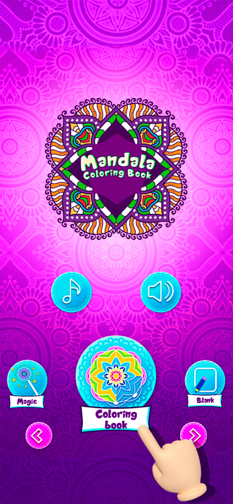 Mandala Coloring 2024 - The main menu interface of the Mandala Coloring Book app featuring a vibrant purple background and colorful mandala designs.