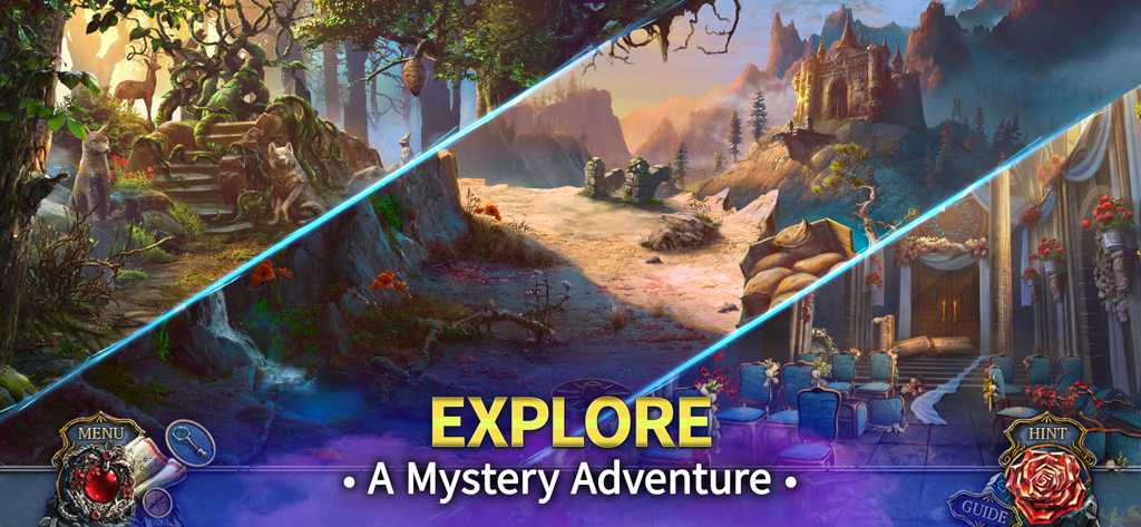 Living Legends: The Red Trace - A compilation of hidden object scenes from Living Legends The Red Trace showing a forest castle and wedding hall