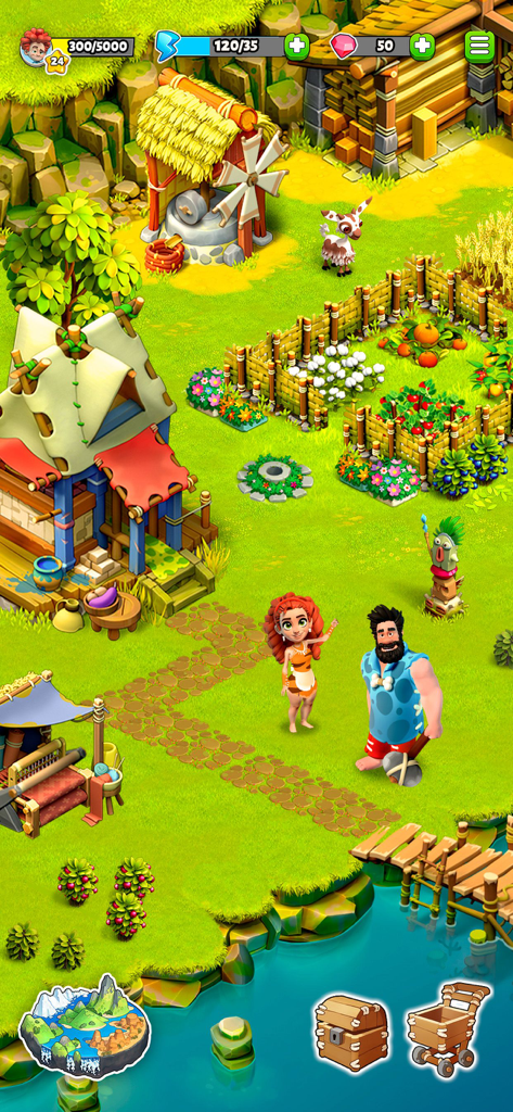 Family Island — Farming game - Gameplay screenshot of Family Island showing Bruce and Eva on their stone age farm with crops and a thatched house