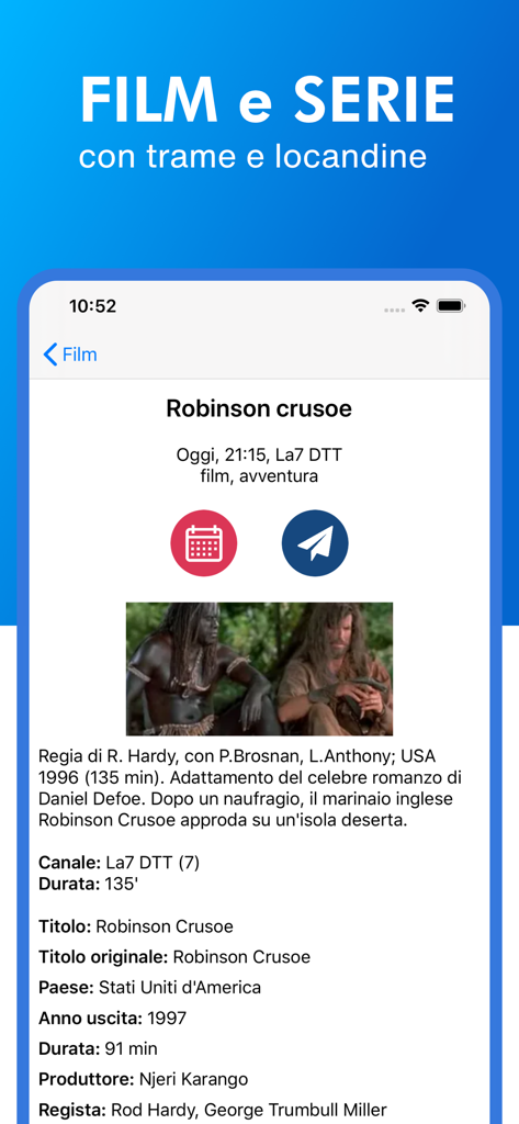 Italian TV guide screen showing detailed movie information for Robinson Crusoe including plot and broadcast time.