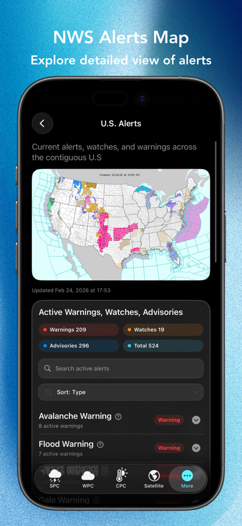 StormBase app interface showing a national map of active NWS weather alerts, warnings, and advisories across the United States.