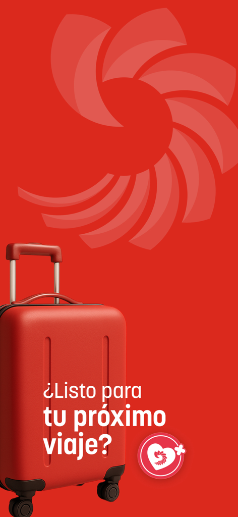 Pantalla promocional de la aplicación Primera Plus con una maleta roja y texto en español que pregunta ¿Listo para tu próximo viaje?