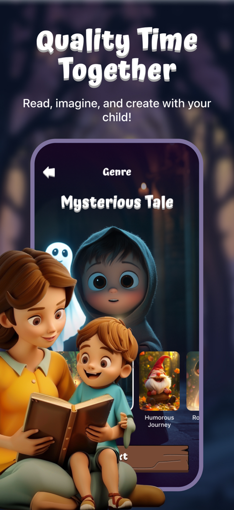 Whimsy Tales - Uma mãe e uma criança lendo uma história personalizada do aplicativo Whimsy Tales