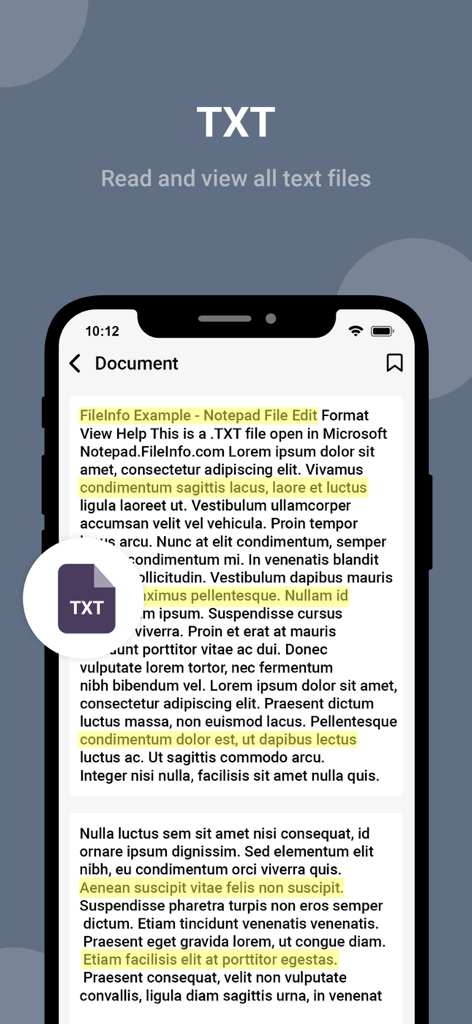 All Document Reader app interface showing a text file with highlighted sentences