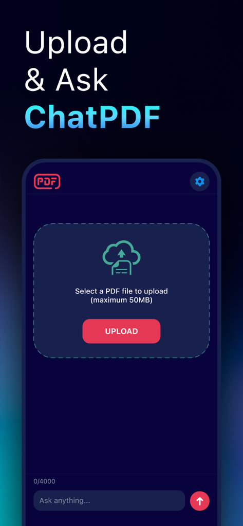 PDFファイルをアップロードするための大きなボタンと下部にあるAIチャット入力フィールドを備えたChatPDFアプリ画面。