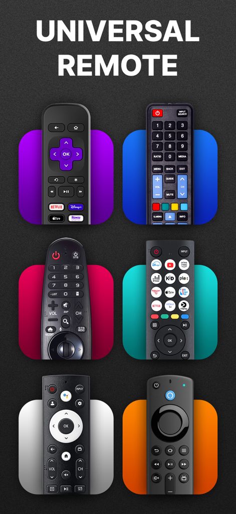 Uma coleção de diferentes comandos físicos de TV ilustrando a compatibilidade universal para smart TVs