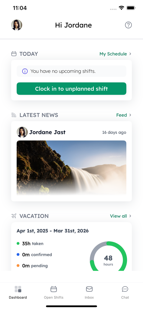 Dashboard view of Sona app showing shift schedules and vacation balance.