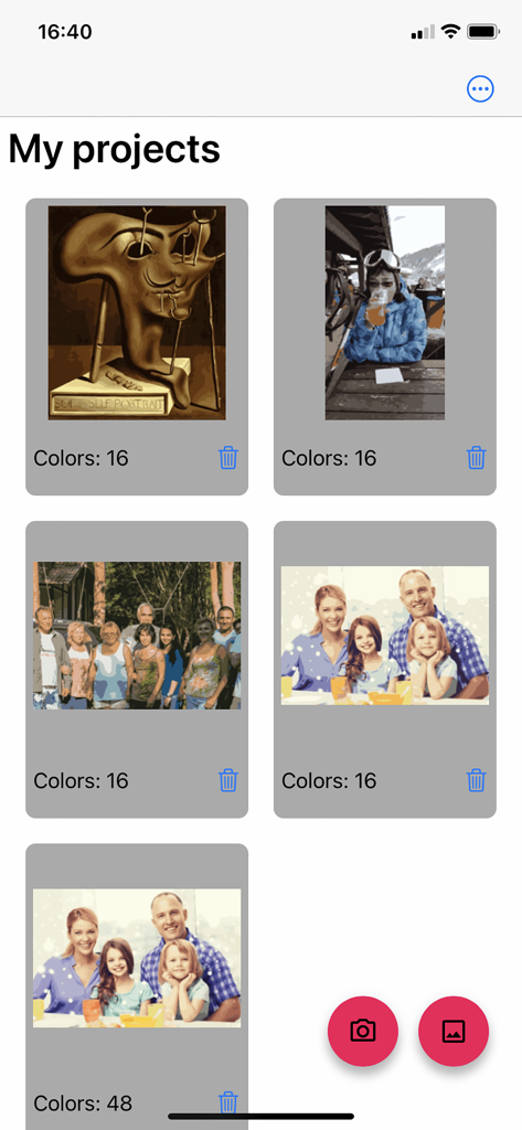 Paint By Number Creator Lite - The My Projects screen showing a gallery of custom paint-by-number templates created from personal photos like family portraits and artwork.