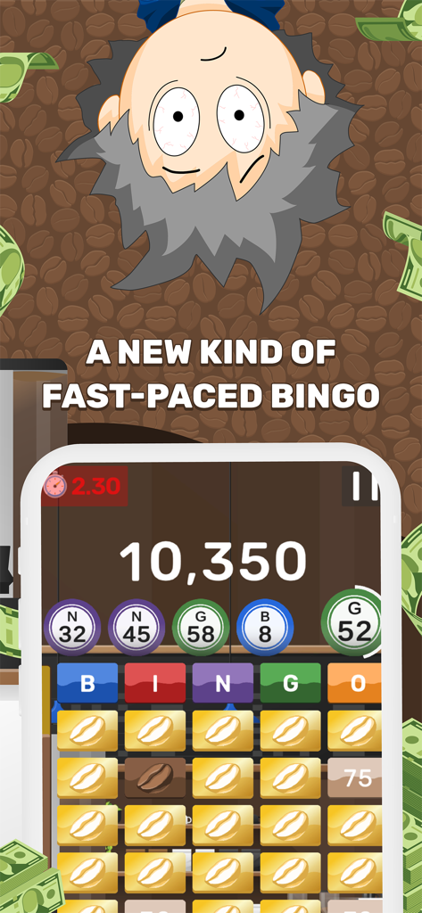 Coffee Fanatic Blackout Bingo - コーヒーテーマのビンゴ盤と落ちてくる現金のコーヒーマニア ブラックアウトビンゴのゲームプレイ画面