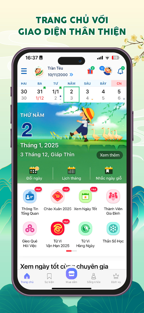 Main interface of the Lich Viet lunar calendar app showing dates and cultural features