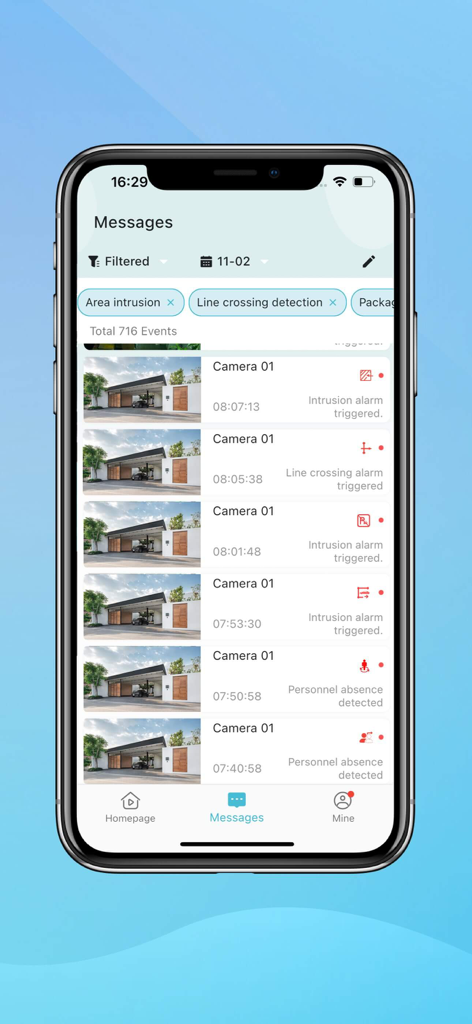 A smartphone screen displaying a list of security alerts and motion detection events in the O-KAM Pro app message center.