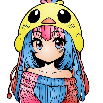 anime girl with chick shaped hat with sweater with bare shoulders with bangs covering them one eye with low tail
