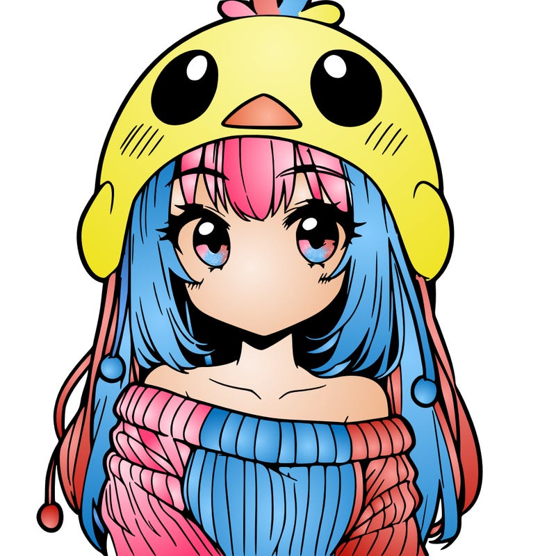 anime girl with chick shaped hat with sweater with bare shoulders with bangs covering them one eye with low tail