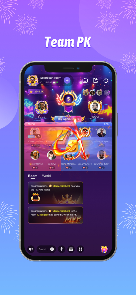 TopVoice - Group Voice Chat - Pantalla de la aplicación TopVoice que muestra una competición de chat de voz Team PK entre dos grupos de usuarios con avatares y contadores de puntos