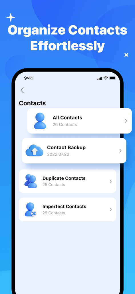 Interface mostrando recursos de gerenciamento de contatos, incluindo backup, remoção de duplicatas e limpeza de entradas imperfeitas.