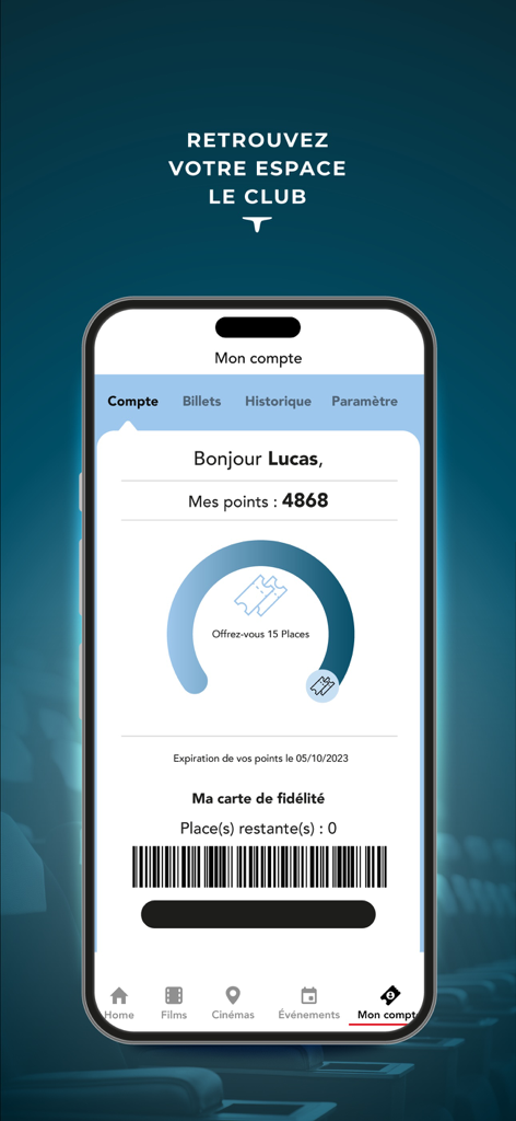 CGR Cinémas - CGR Cinémas app screen showing loyalty points and digital member card with barcode