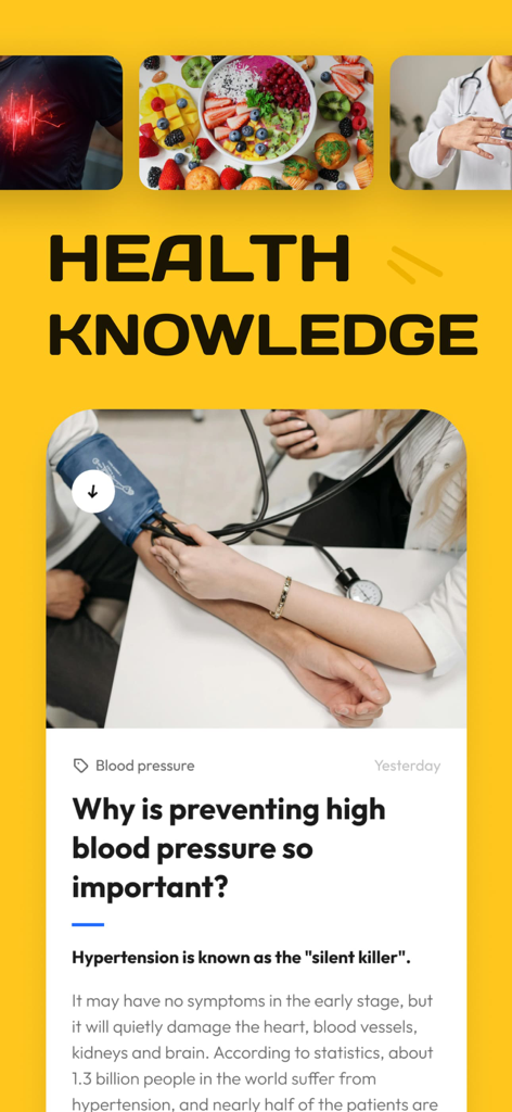 HeaBP Blood Pressure & Pulse - Health knowledge screen in HeaBP app featuring an article about preventing high blood pressure.