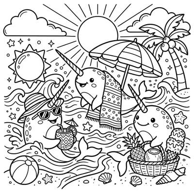 Get ready for an oceanic adventure with this delightful narwhal summer vacation coloring page. Join these cheerful 'unicorns of the sea' as they soak up the sun, enjoy refreshing treats, and play in the waves.