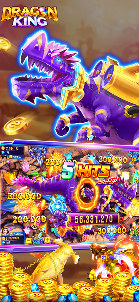 Dragon King:Fish Table Online - Écran de gameplay de Dragon King Fish Table Online montrant un boss dinosaure robotique violet et des piles de pièces d'or