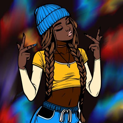 realistic teenage girl with braids and a beanie and crop top doing 🫶🏼