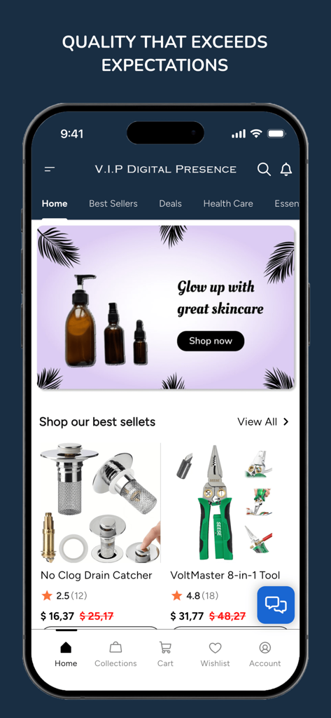 V.I.P Digital Presence - Mobile interface of the V.I.P Digital Presence app showcasing curated skincare products and household best sellers.