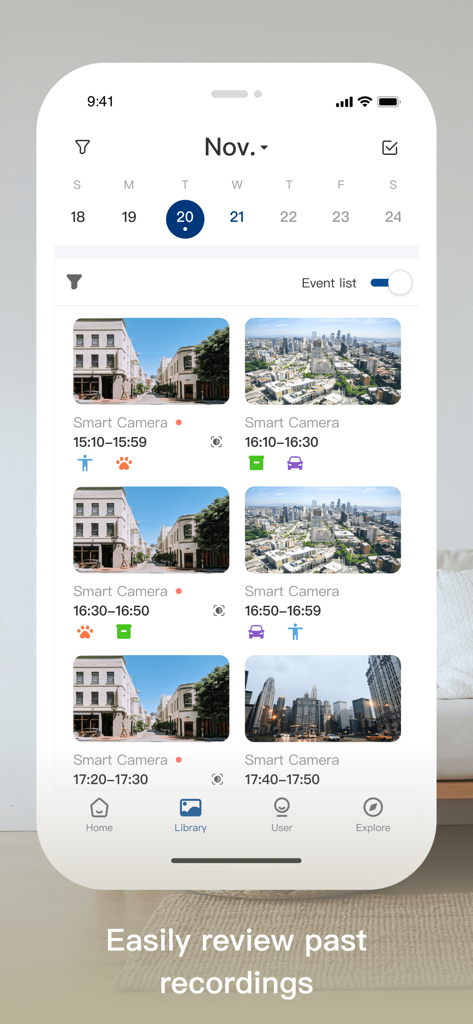 Interface of the EOOEIES app showing a library of past smart camera recordings with event labels