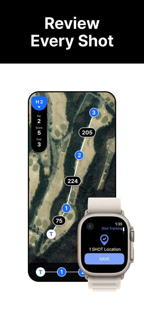 VoiceCaddieX App-Oberfläche auf iPhone und Apple Watch, die Golf-Schlagverfolgung und Satellitenkarten-Entfernungen anzeigt