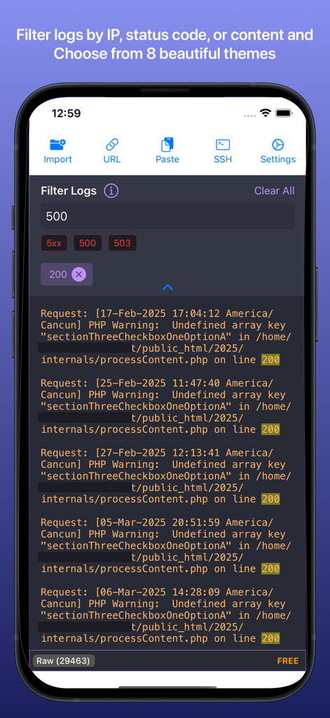 LogShow app screen showing server logs filtered by status codes with dark mode syntax highlighting