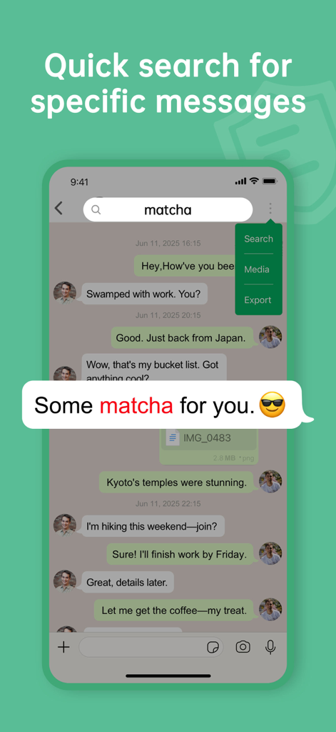 Interfaz de la aplicación WAMR Dual Messenger que muestra la función de búsqueda rápida de mensajes de chat específicos.