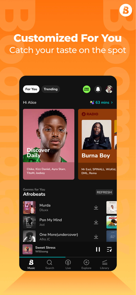 Boomplay app interface showing personalized Afrobeats music recommendations and the discovery section for a user.