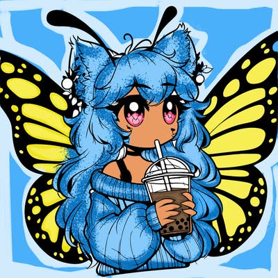 a realistic butterfly/furry girl drinking boba