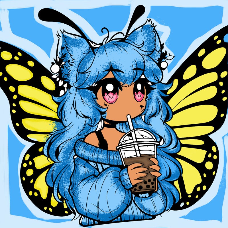 a realistic butterfly/furry girl drinking boba