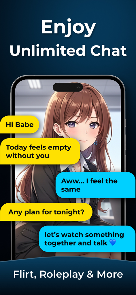 Hi - Ai Character Chat App - Une capture d'écran de l'application Hi AI Character Chat présentant une conversation avec un personnage féminin de style anime illustrant un jeu de rôle romantique.