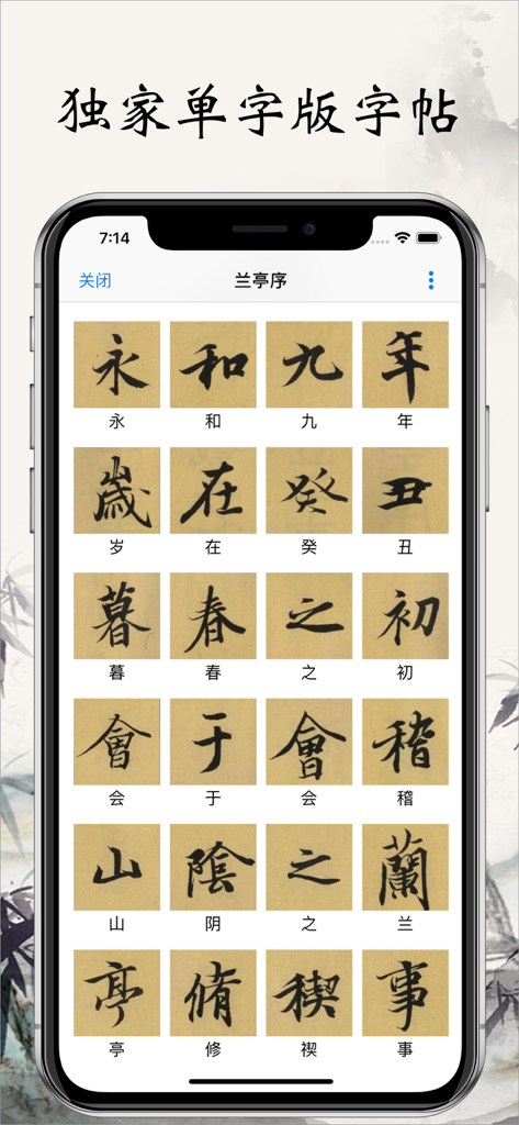 Pantalla de aplicación móvil que muestra una cuadrícula de caracteres individuales de caligrafía china del Lantingji Xu para práctica y estudio.