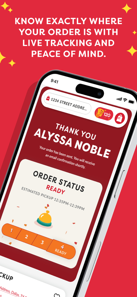 Dennys app screen showing live order tracking and order status update