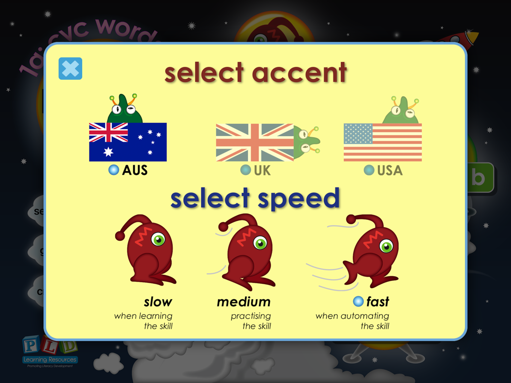 PLD 2P Read 1a - Settings screen to select regional accents from Australia, UK, or USA and gameplay speed from slow to fast.