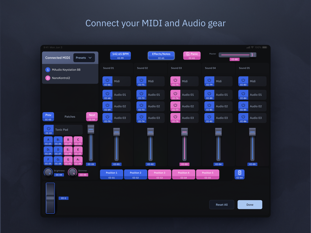 Sunday Keys - Sunday Keys iPad app interface showing MIDI and audio gear connection settings with channel faders and Tonic Pad controls