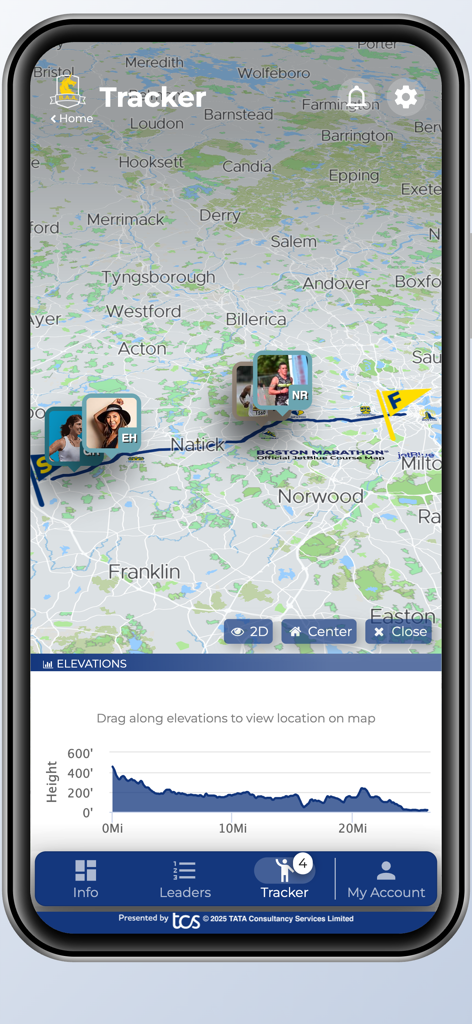 B.A.A. Racing App tracker screen featuring a live course map and runner elevation chart