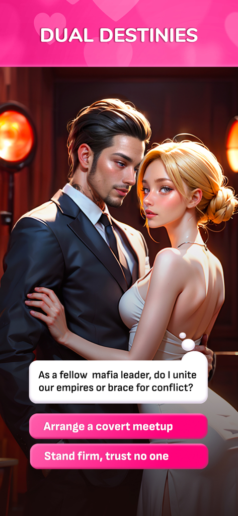 A gameplay screenshot from the Blushed app featuring a mafia romance story called Dual Destinies with interactive dialogue choices.