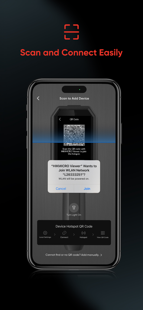 HIKMICRO Viewer app scanning a QR code on a thermal imaging device to join a WLAN network.