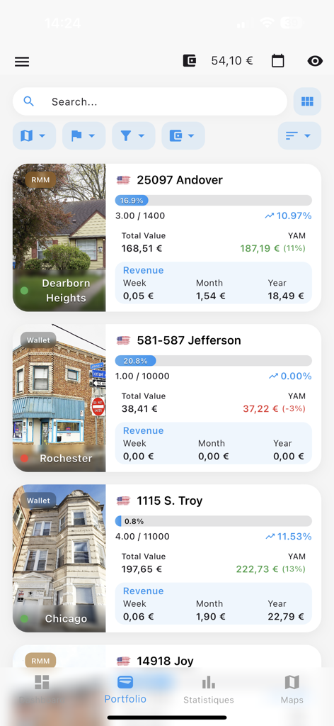 RealToken Asset Tracker - Mobile app interface showing a list of tokenized real estate properties with photos and weekly rental income data