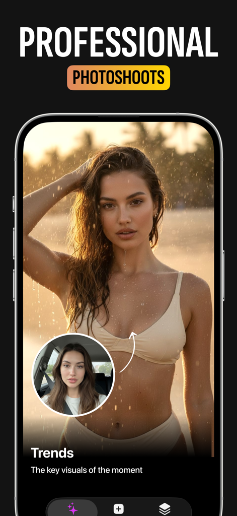 AIYAI - AI Photo & Video Maker - Smartphone screen showing AIYAI app transforming a casual selfie into a professional beach photoshoot