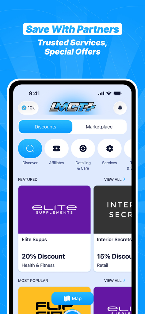 LMCT+ - LMCT plus app interface showing exclusive shopping discounts and featured partner rewards.