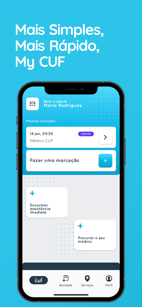 My CUFモバイルアプリのダッシュボード。ユーザーのウェルカムメッセージ、今後の診察予約、診察予約または医師検索のオプションが表示されます。