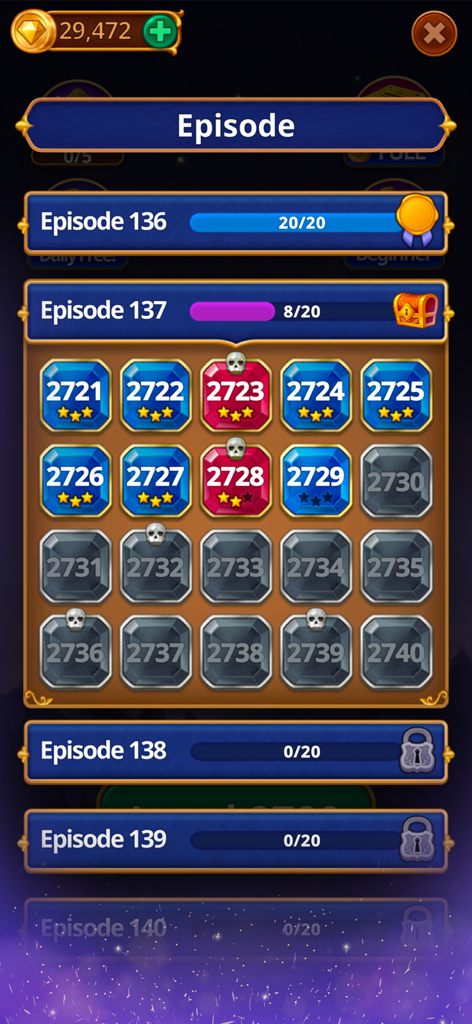 Level selection screen in Jewels Magic Mystery Match 3 showing thousands of levels and episode progress