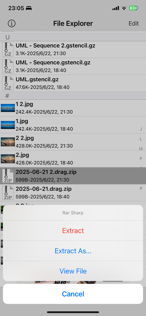 Rar Sharp - The Rar Sharp mobile app file explorer showing a context menu with options to extract and view compressed files