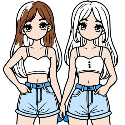 two sisters with crop tops and jean shorts and straight hair