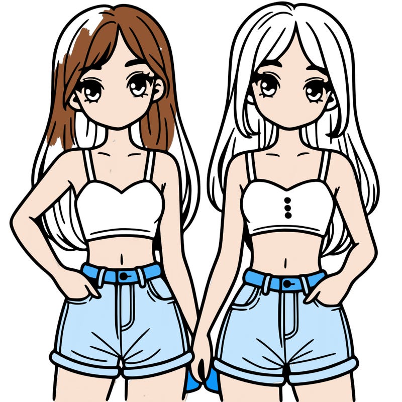 two sisters with crop tops and jean shorts and straight hair